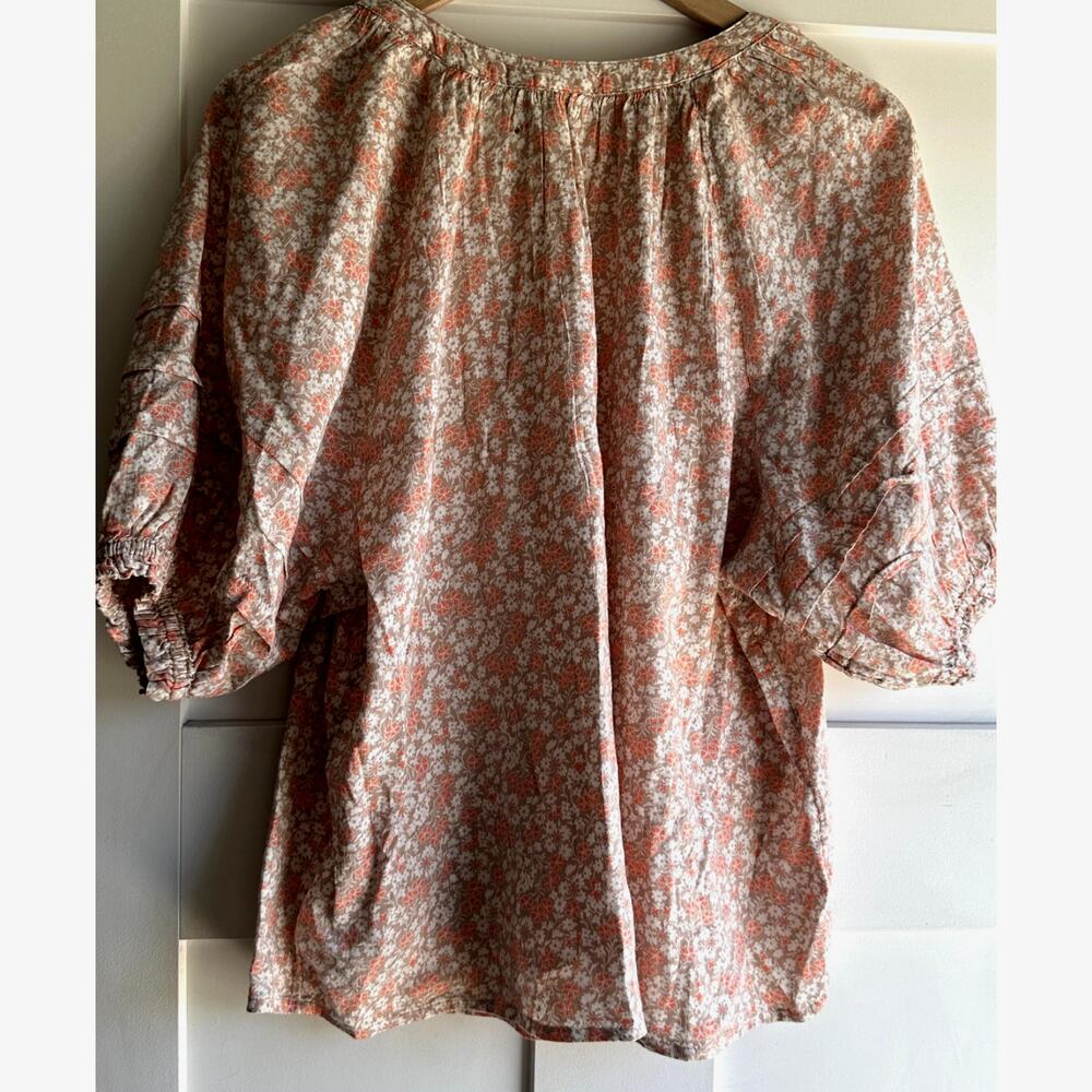 GAP Women's Floral Peasant Blouse Puff Sleeve Boho Top Coral Print Size Large - Picture 2 of 7